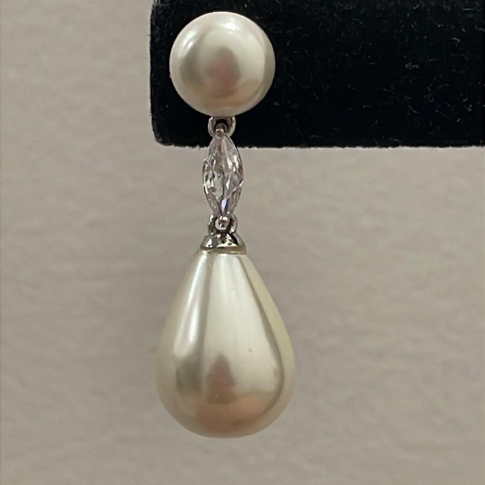 Faux Pearl and Cubic Zirconia Silver Tone Drop Earrings - Picture 3 of 10